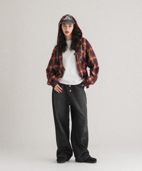 WISH FOR EVER（ウィッシュフォーエバー）の「DRAWCODE CHECK SHIRT HOODIE/ドローコードチェックシャツフーディ（シャツ/ブラウス・メンズ・ネイビー/ピンク/レッド・MEDIUM/LARGE）」の4枚目の写真