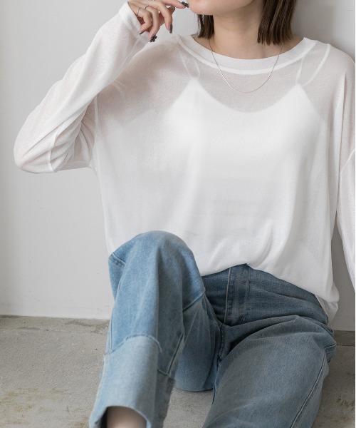 ad thie(アドティエ)の「オーバーサイズ カラーシアーカットソー(Tシャツ/カットソー・レディース・ブラック/パープル/グリーン/イエロー/ブルー/オフホワイト・FREE)」の1枚目の写真