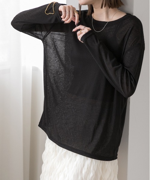 ad thie(アドティエ)の「オーバーサイズ カラーシアーカットソー(Tシャツ/カットソー・レディース・ブラック/パープル/グリーン/イエロー/ブルー/オフホワイト・FREE)」の2枚目の写真