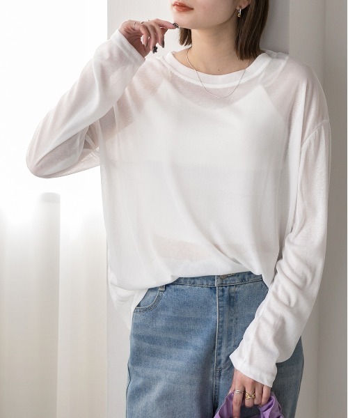 ad thie(アドティエ)の「オーバーサイズ カラーシアーカットソー(Tシャツ/カットソー・レディース・ブラック/パープル/グリーン/イエロー/ブルー/オフホワイト・FREE)」の9枚目の写真