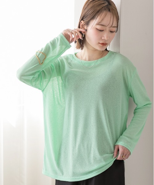 シアー緑カットソー シアートップス 長袖 重ね着 薄手 クルーネック カットソー 透け 伸縮 ストレッチ ロンT シースルー （ネオングリーン）