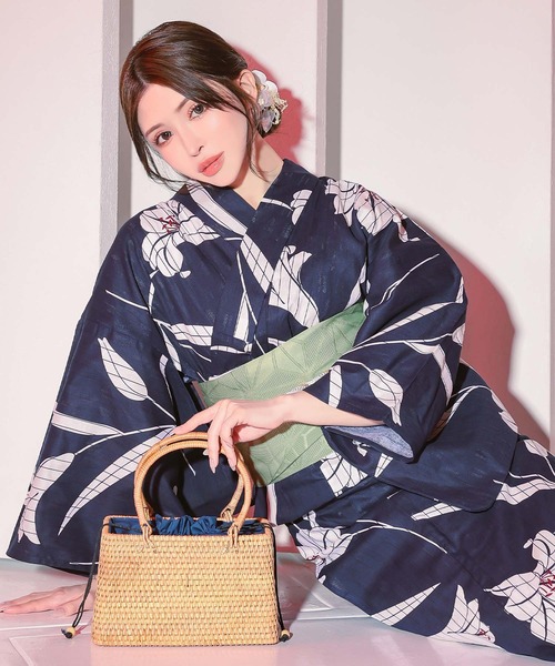 浴衣セット レディース 紺地×白百合 ゆかた3点セット 浴衣 平帯 下駄かわいい 