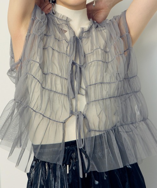 セール】2way Tulle Ribbon Blouse /チュールギャザーリボン