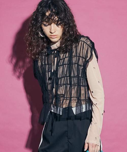 セール】2way Tulle Ribbon Blouse /チュールギャザーリボン