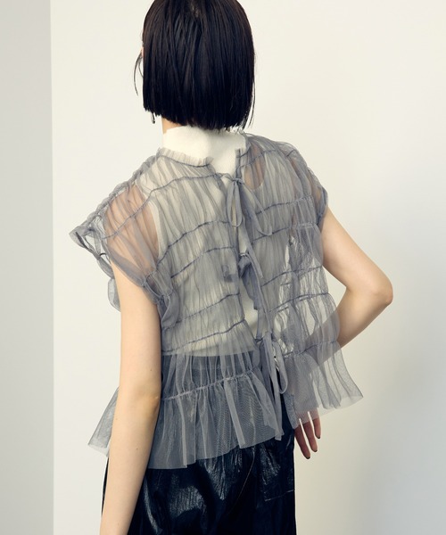 セール】2way Tulle Ribbon Blouse /チュールギャザーリボン