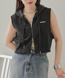 【セットアップ対応】フード付ノースリZIPパーカー