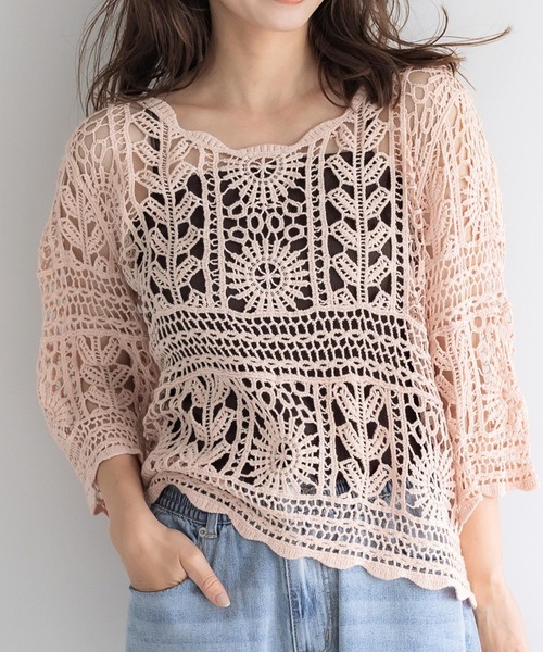 coca（coca）（コカ）の「カギ編みラウンドネックトップス（その他トップス・レディース・アイボリー/ピンク/ライトブルー・ONE SIZE）」の3枚目の写真