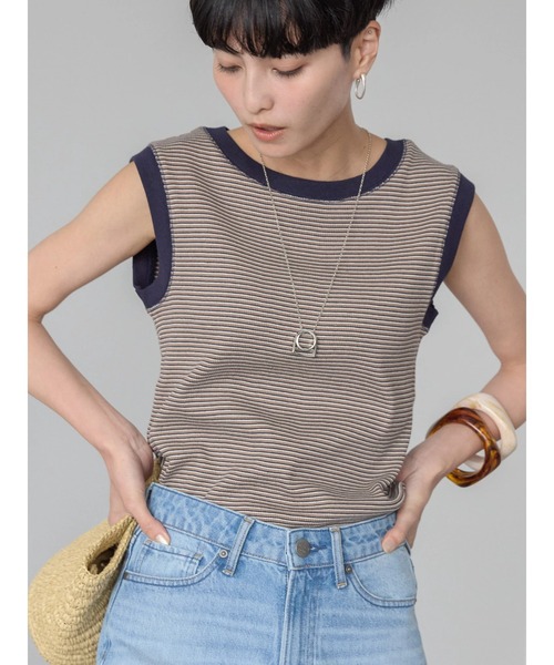 AMERICAN HOLIC(アメリカンホリック)の「ミジンボーダーノースリーブカットプルオーバー(Tシャツ/カットソー・レディース・ブラウン/ネイビー・L/M)」の2枚目の写真