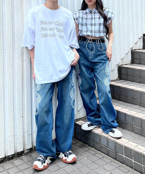 Figments（フィグメンツ）の「ドラゴン刺繍デニムパンツ（デニムパンツ・レディース・ライトブルー/ブラック・SMALL/MEDIUM/LARGE）」の19枚目の写真