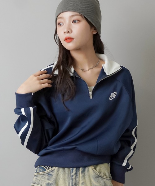 SPINNS（スピンズ）の「ワンポイント刺繍 ハーフジップジャージトップス（ジャージ・レディース・ホワイト系その他/ブラウン系その他/ブラック×ホワイト/パープル系その他/ネイビー系・ONESIZE）」の17枚目の写真