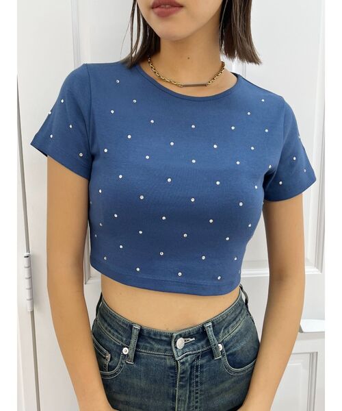 EVRIS（エヴリス）の「ラインストーンコンパクトTシャツ（Tシャツ/カットソー・レディース・ホワイト/ボルドー/ネイビー/ブラック・FREE）」の4枚目の写真