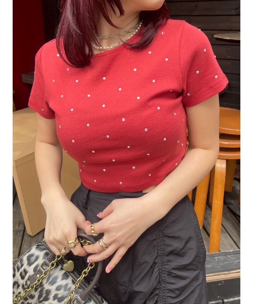 EVRIS（エヴリス）の「ラインストーンコンパクトTシャツ（Tシャツ/カットソー・レディース・ホワイト/ボルドー/ネイビー/ブラック・FREE）」の7枚目の写真