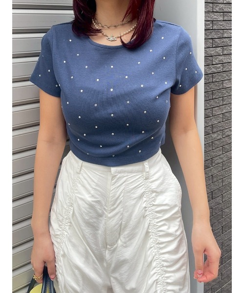 EVRIS（エヴリス）の「ラインストーンコンパクトTシャツ（Tシャツ/カットソー・レディース・ホワイト/ボルドー/ネイビー/ブラック・FREE）」の13枚目の写真