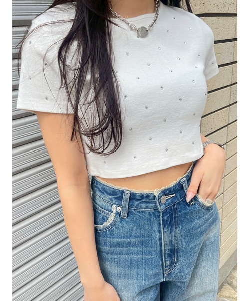 EVRIS（エヴリス）の「ラインストーンコンパクトTシャツ（Tシャツ/カットソー・レディース・ホワイト/ボルドー/ネイビー/ブラック・FREE）」の19枚目の写真