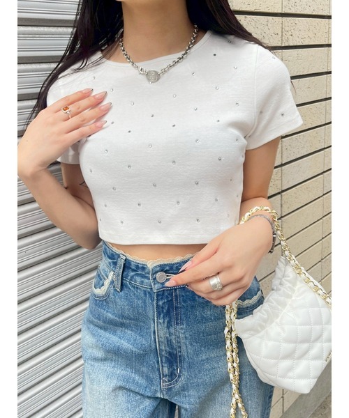 EVRIS（エヴリス）の「ラインストーンコンパクトTシャツ（Tシャツ/カットソー・レディース・ホワイト/ボルドー/ネイビー/ブラック・FREE）」の20枚目の写真