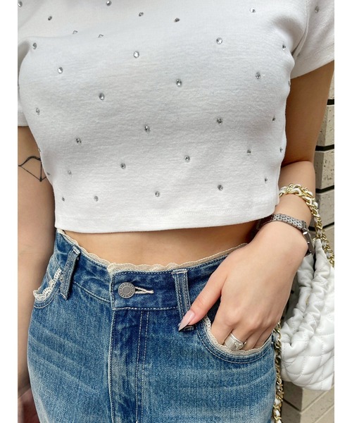 EVRIS（エヴリス）の「ラインストーンコンパクトTシャツ（Tシャツ/カットソー・レディース・ホワイト/ボルドー/ネイビー/ブラック・FREE）」の21枚目の写真