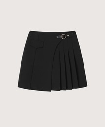 黒 アシンメトリー プリーツミニスカート レッグバンド付アシンメトリープリーツスカート◇ミニスカート