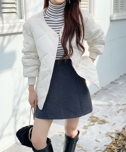 セール】着回し力抜群 中綿入りノーカラーキルティングジャケット