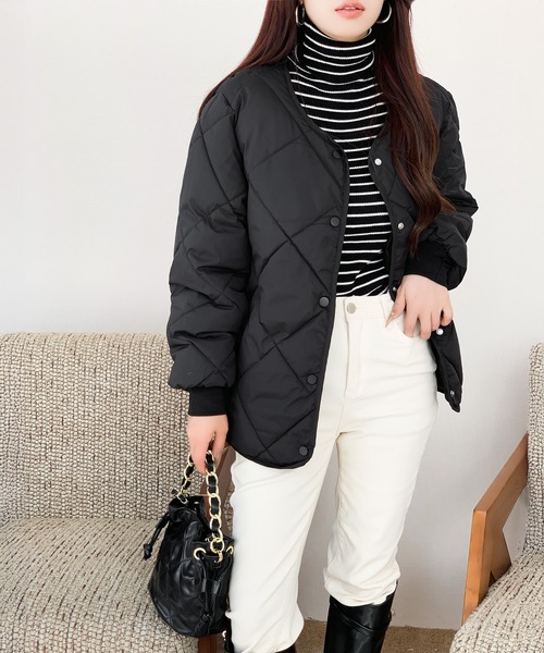 セール】着回し力抜群 中綿入りノーカラーキルティングジャケット
