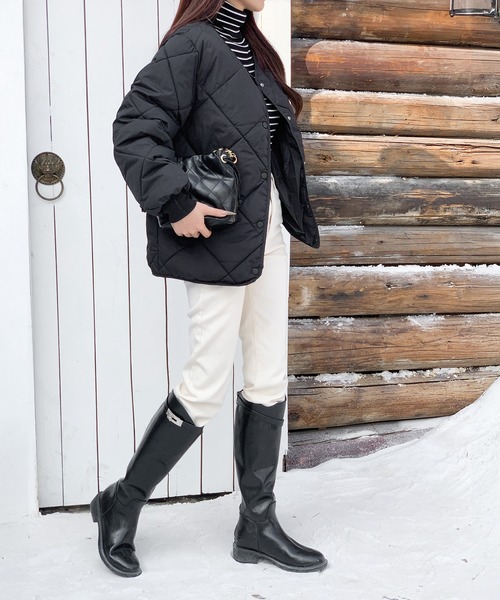 セール】着回し力抜群 中綿入りノーカラーキルティングジャケット