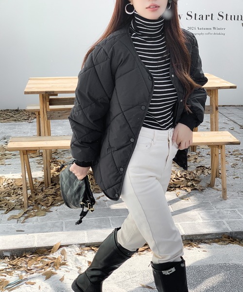 セール】着回し力抜群 中綿入りノーカラーキルティングジャケット