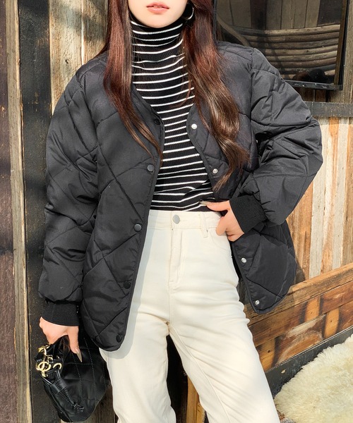 セール】着回し力抜群 中綿入りノーカラーキルティングジャケット