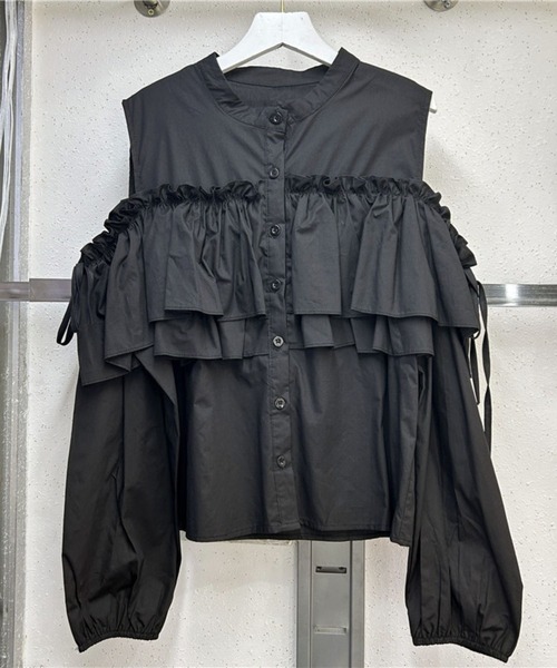 SPIGA(スピーガ)の「肩開きフリルドロストブラウス(シャツ/ブラウス・レディース・チェック/ブラック/ホワイト・FREE)」の3枚目の写真
