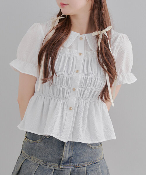 Another Branch olive des olive(アナザーブランチオリーブデオリーブ)の「【シリーズ累計1万枚売れ/レビュー高評価】シャーリング衿付BL(シャツ/ブラウス・レディース・オフホワイト/ブラック/グリーン/その他11/イエロー/アイボリー/その他/オレンジ/ブラウン/ブルー系その他・FREE)」の2枚目の写真