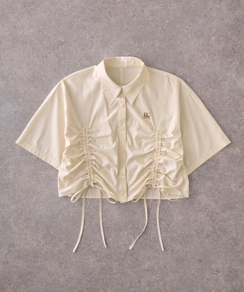 MONO-MART（モノマート）の「ワンポイント刺繍シャーリングストライプ半袖シャツ（シャツ/ブラウス・レディース・イエロー/ホワイト/ピンク/サックスブルー/ブラック・FREE）」の10枚目の写真