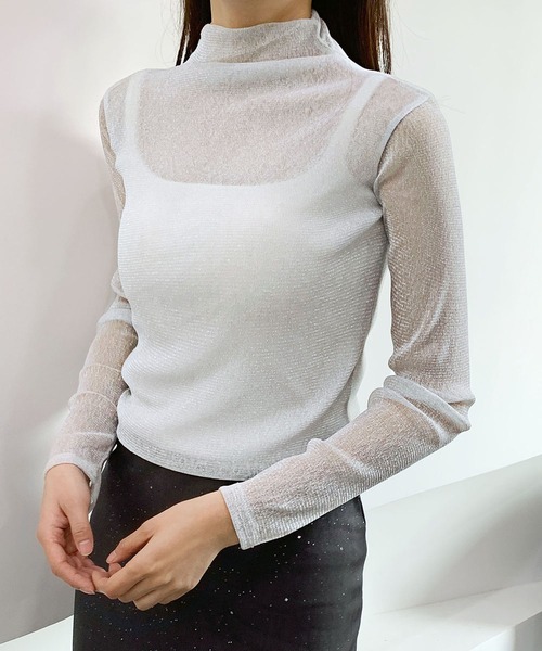 セール】シースルートップス 長袖 ハイネック ラメ チュール シアー