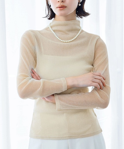 セール】シースルートップス 長袖 ハイネック ラメ チュール シアー