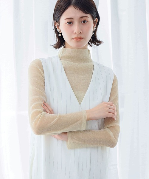 LOWO(ロワ)の「シースルートップス 長袖 ハイネック ラメ チュール シアートップス レイヤードトップス 結婚式 パーティー オケージョン お呼ばれ(Tシャツ/カットソー・レディース・ブラック/ホワイト/ベージュ・FREE)」の10枚目の写真