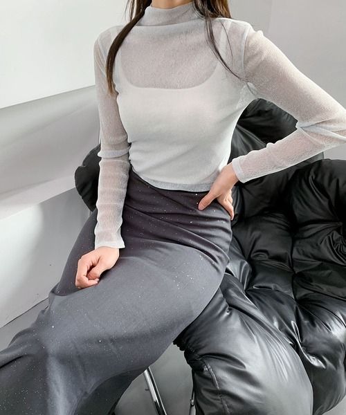 シースルートップス 長袖 ハイネック ラメ チュール シアートップス