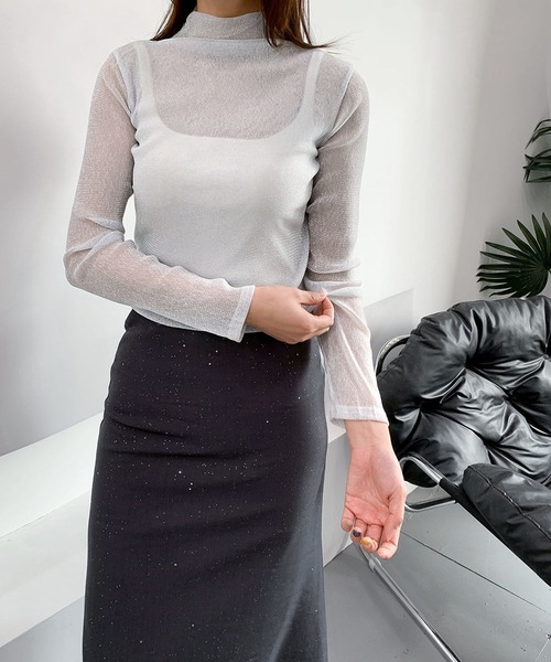 セール】シースルートップス 長袖 ハイネック ラメ チュール シアー