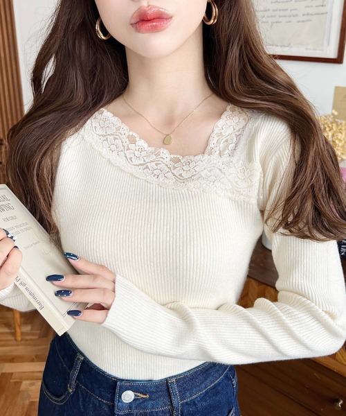 セール】レーストリムアシンメトリーネックインナーニット長袖プル