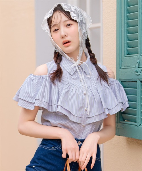 WILLSELECTION（ウィルセレクション）の「2wayショルダーフリルブラウス（シャツ/ブラウス・レディース・ブルー系その他/サックスブルー/オフホワイト・FREE）」の3枚目の写真