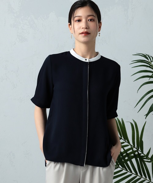 GALLORIA（ギャローリア）の「接触冷感　配色バンドカラーブラウス（シャツ/ブラウス・レディース・ライトグレー/ネイビー・LL/S/M/L）」の2枚目の写真