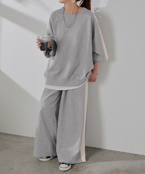 HUG.U(ハグユー)の「とろけるスウェット ラインパンツ / トップス セットアップ(セットアップ・レディース・ベージュ/ブラック/ライトグレー・FREE)」の4枚目の写真