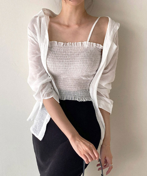 セットアップ シースルートップス キャミソール 春夏 アンサンブル Tシャツ 半袖 ダンス衣装 トップス【ブルー】シースルー