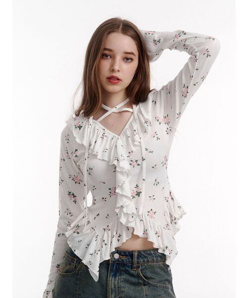 jouetie（ジュエティ）の「ラッフルフリルトップス 花柄（Tシャツ/カットソー・レディース・オフホワイト/ブラック/グレー・MEDIUM）」の10枚目の写真