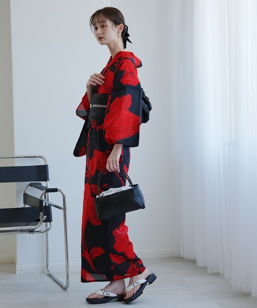 浴衣3点セット 誉田屋源兵衛 シルエットロマンス 黒/赤 日本製浴衣