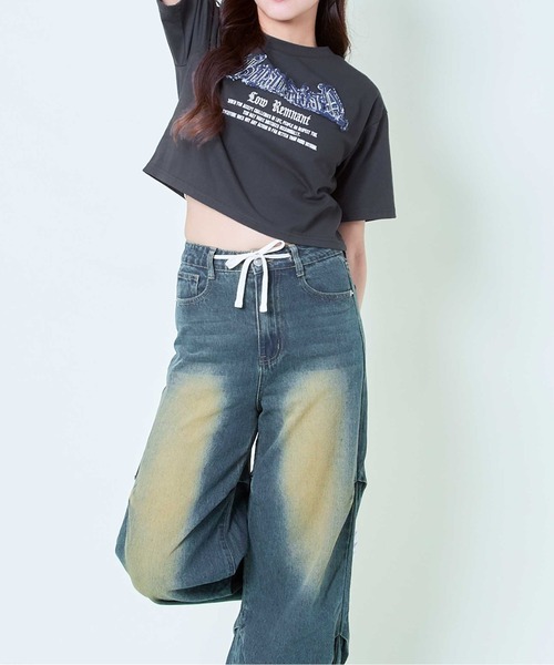 GORGE(ゴージ)の「《デニムフリンジ×クロップド丈》レディース 半袖Tシャツ ロゴデザイン カジュアル 春夏秋(Tシャツ/カットソー・レディース・スミクロ/カーキ/オフホワイト・F)」の9枚目の写真