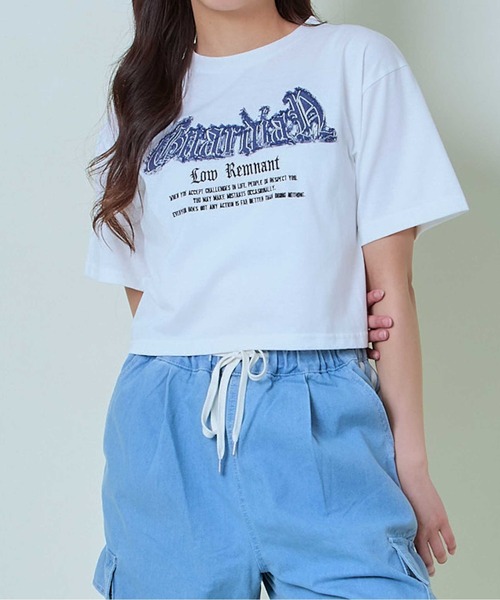 GORGE(ゴージ)の「《デニムフリンジ×クロップド丈》レディース 半袖Tシャツ ロゴデザイン カジュアル 春夏秋(Tシャツ/カットソー・レディース・スミクロ/カーキ/オフホワイト・F)」の12枚目の写真