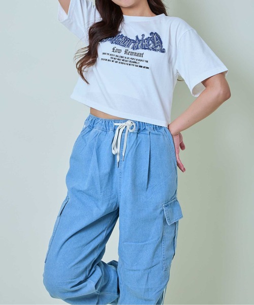 GORGE(ゴージ)の「《デニムフリンジ×クロップド丈》レディース 半袖Tシャツ ロゴデザイン カジュアル 春夏秋(Tシャツ/カットソー・レディース・スミクロ/カーキ/オフホワイト・F)」の13枚目の写真