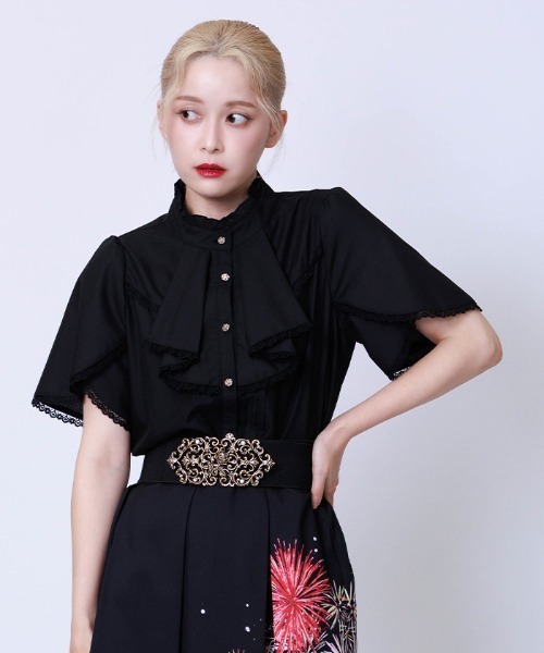 axes femme（アクシーズファム）の「綿混ラッフルフリルブラウス（シャツ/ブラウス・レディース・ミント/ブラック/ホワイト・FREE）」の4枚目の写真