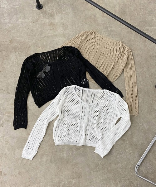 non-hedge(ノンヘッジ)の「透かし編みショート丈Vネックニットトップス(ニット/セーター・レディース・オフホワイト/ベージュ/ブラック・FREE)」の13枚目の写真