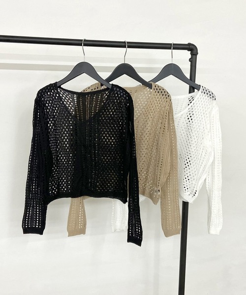 non-hedge(ノンヘッジ)の「透かし編みショート丈Vネックニットトップス(ニット/セーター・レディース・オフホワイト/ベージュ/ブラック・FREE)」の6枚目の写真
