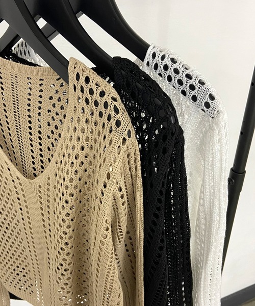 non-hedge(ノンヘッジ)の「透かし編みショート丈Vネックニットトップス(ニット/セーター・レディース・オフホワイト/ベージュ/ブラック・FREE)」の7枚目の写真