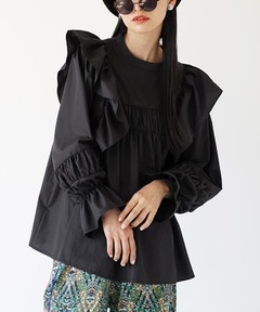VIVIANO★ヴィヴィアーノ★ラッフルスリーブTシャツ★ブラウス★黒 VIVIANO/ヴィヴィアーノ】ラッフルスリーブTシャツ（Tシャツ