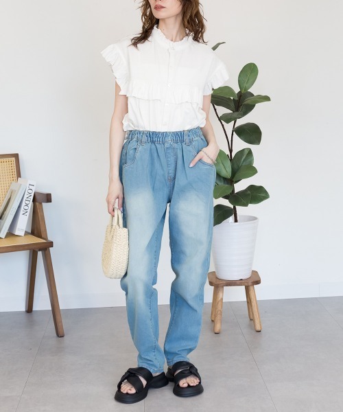 RCD（アールシーディー）の「ウエストゴムテーパードデニムパンツ（デニムパンツ・レディース・ワンウォッシュ/ネイビー/ブルー・LL/L/3L/4L/M）」の7枚目の写真